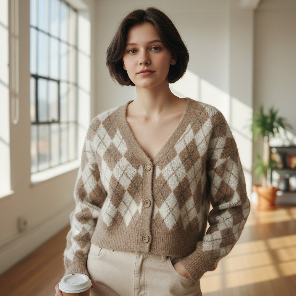 William Rast Tan Argyle Fuzzy Knit Cropped Button Cardigan Sweater L Preppy Chic